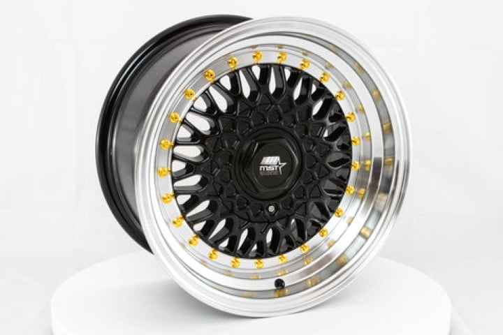 MST Wheels: MT13 Black with Machined Lip Gold Rivets