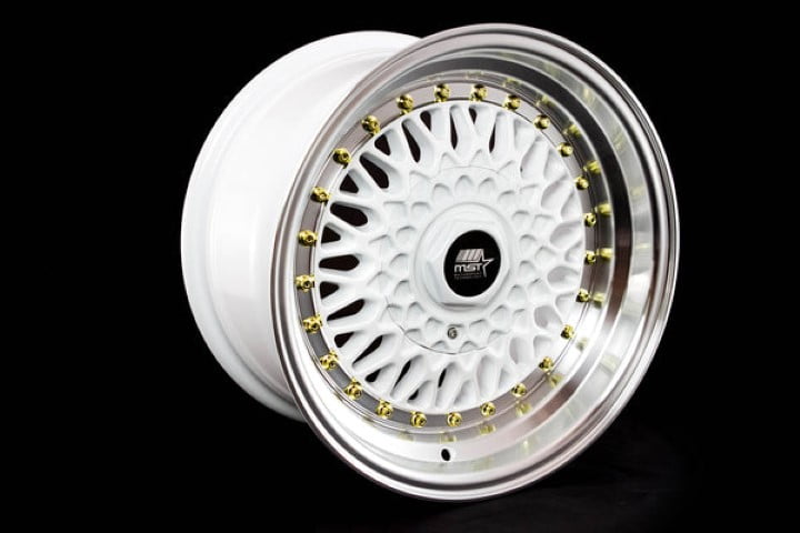 MST Wheels: MT13 White with Machined Lip Gold Rivets