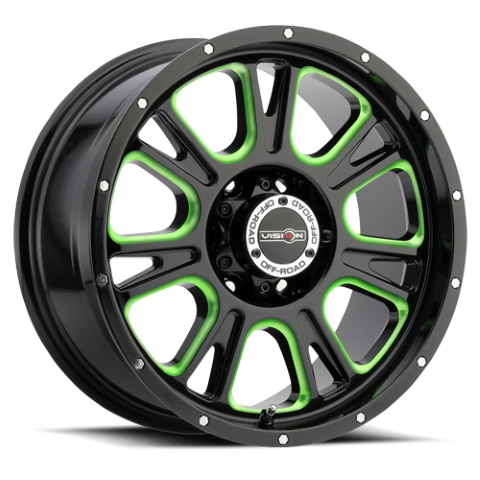 Vision Wheels: Off-road 399 FURY GLOSS BLACK BALL CUT MACHINED WITH GREEN TINT