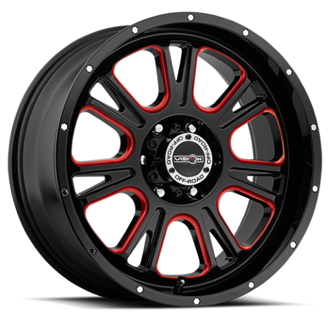 Vision Wheels: Off-road 399 FURY GLOSS BLACK BALL CUT MACHINED WITH RED TINT